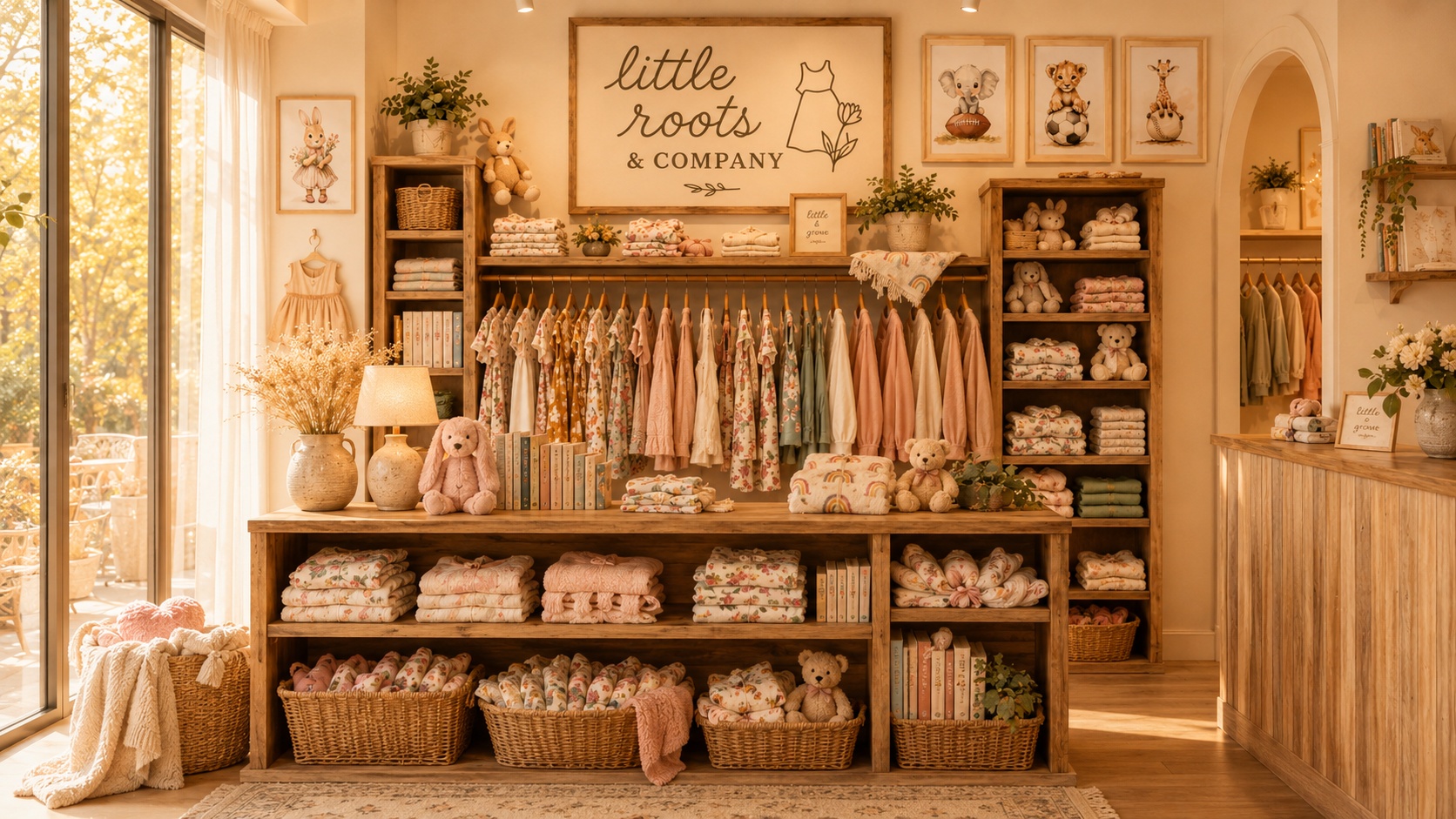 Warm boutique interior with organized open shelving, hanging clothing, and natural light