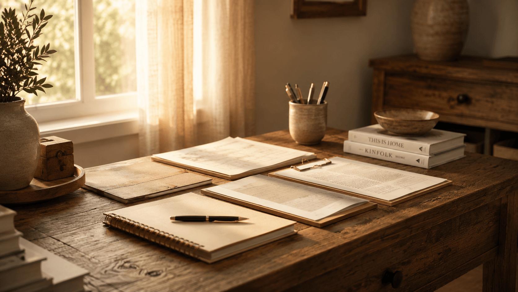 Planning notebooks and documents spread across a warm oak desk in morning light