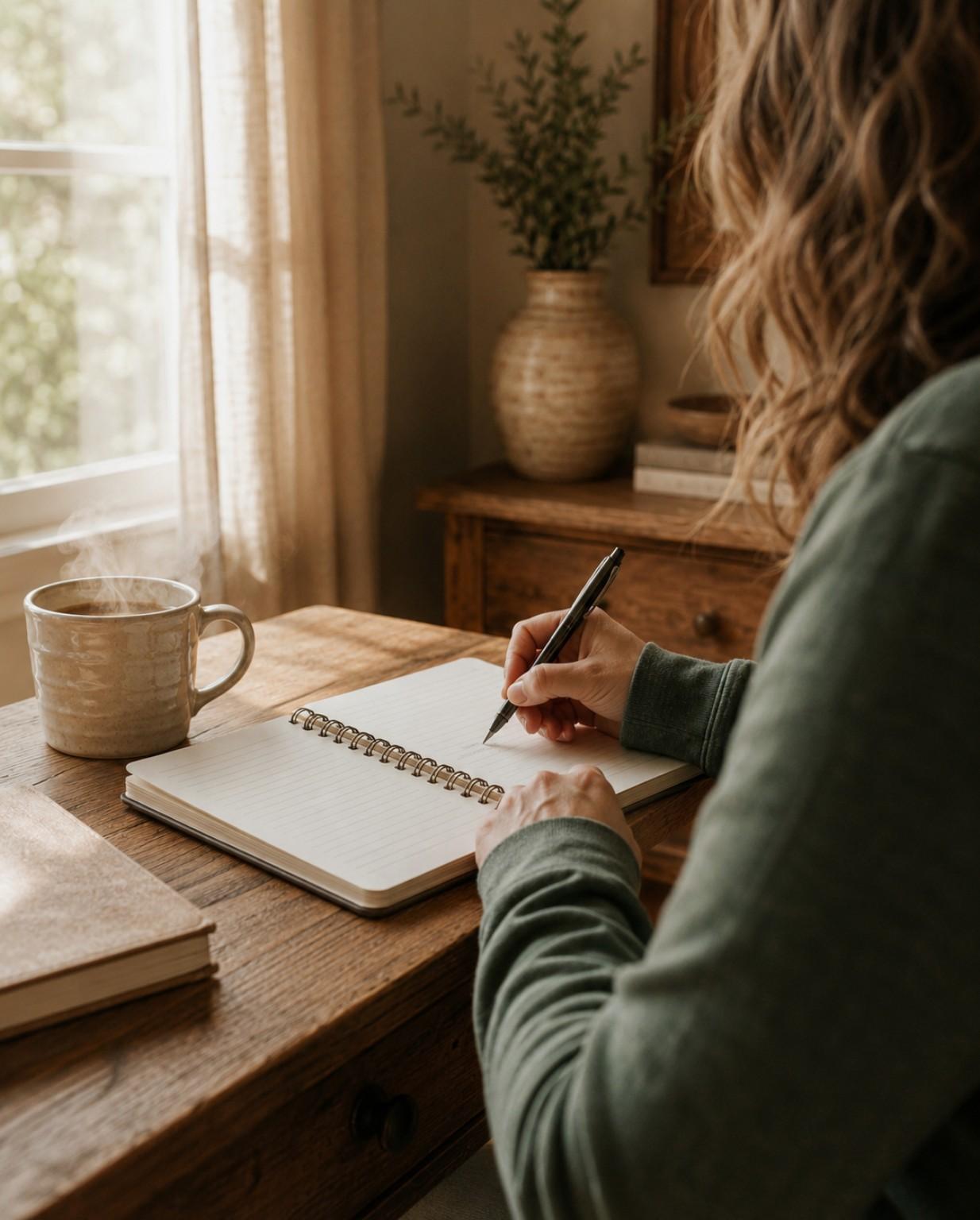 Warm workspace with open notebook and pen, morning light