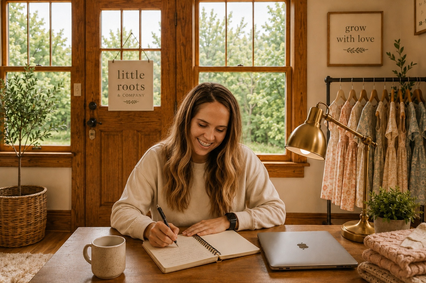 Hands curled around a warm ceramic mug beside an open recipe notebook in soft morning light